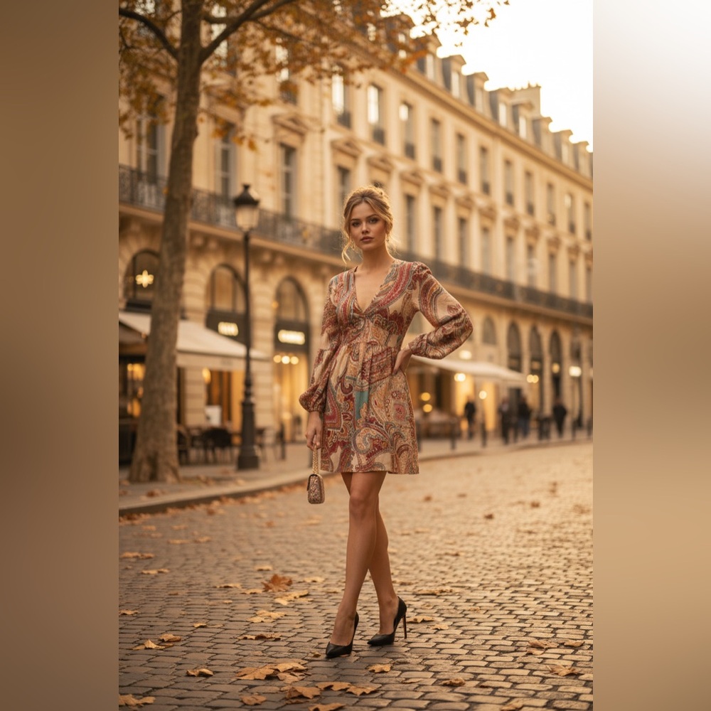 Brand new multi color country style dress with bell sleeves